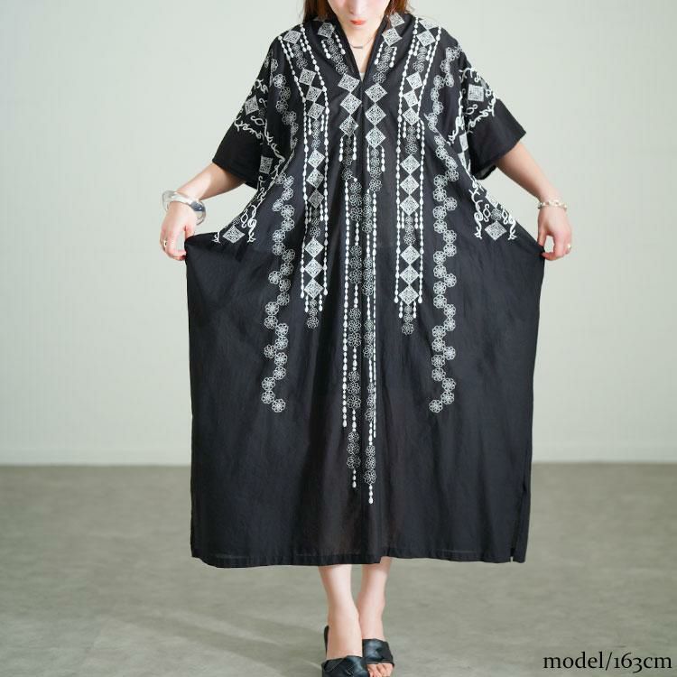 大きいサイズ レディース エスニック柄Vネックドルマンワンピース　kt-24mi5【メール便可】 ブラック