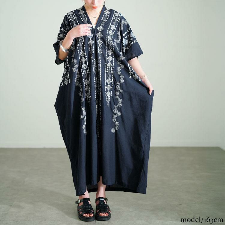 大きいサイズ レディース エスニック柄Vネックドルマンワンピース　kt-24mi5【メール便可】 ネイビー