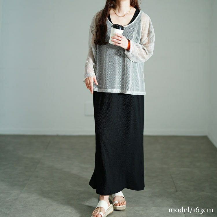 大きいサイズ レディース メッシュプルオーバー＆ノースリーブワンピース2点セット　tog-1048