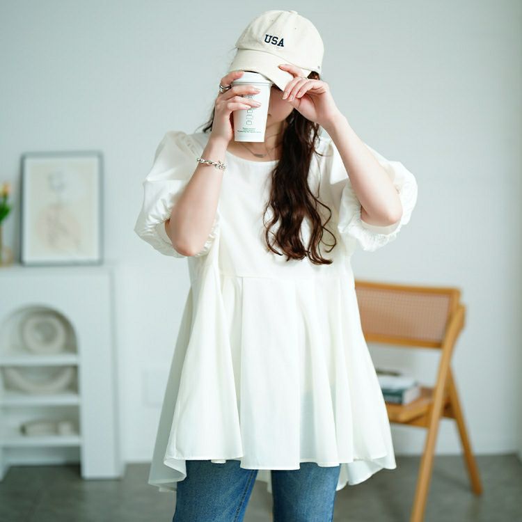 大きいサイズ レディース パフスリーブプリーツペプラムチュニック tog