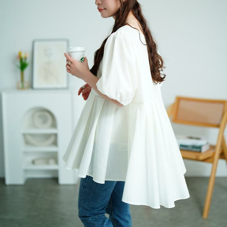 大きいサイズ レディース パフスリーブプリーツペプラムチュニック　tog-1047 【メール便可】 オフホワイト