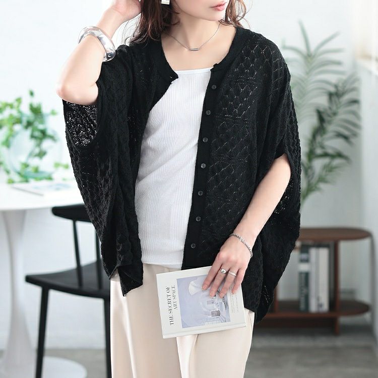 大きいサイズ レディース 透かし編みドルマンニットカーディガン　sum-0012