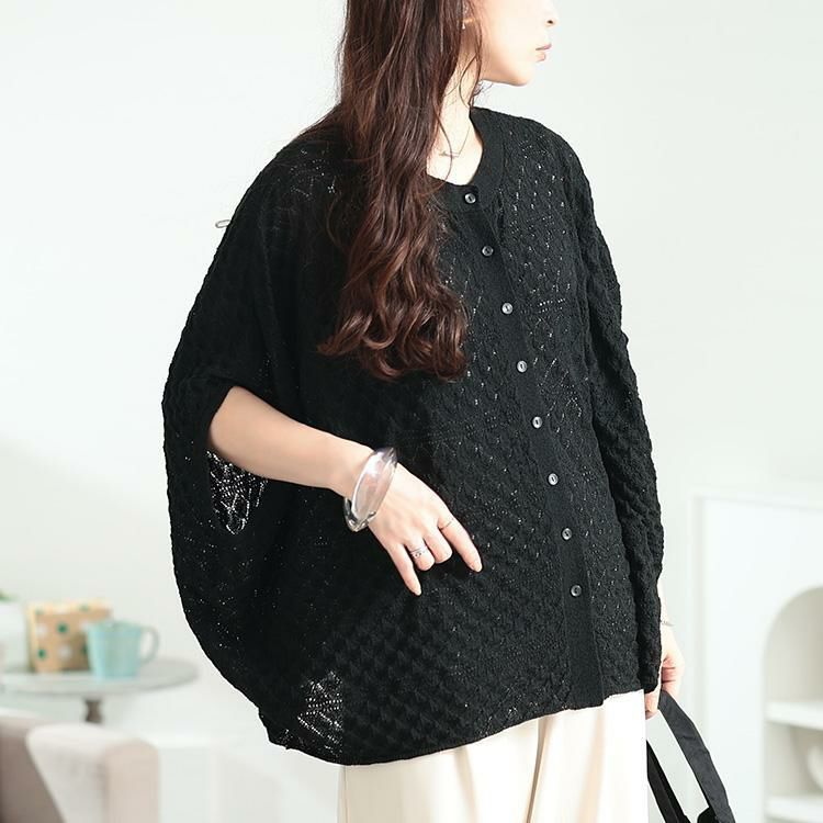 大きいサイズ レディース 透かし編みドルマンニットカーディガン　sum-0012 ブラック