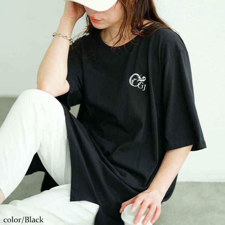 大きいサイズ レディース 胸ロゴコットンチュニックTシャツ　kt-4406 【メール便可】 ブラック
