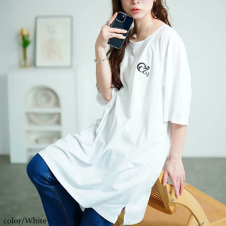 大きいサイズ レディース 胸ロゴコットンチュニックTシャツ　kt-4406 【メール便可】 ホワイト