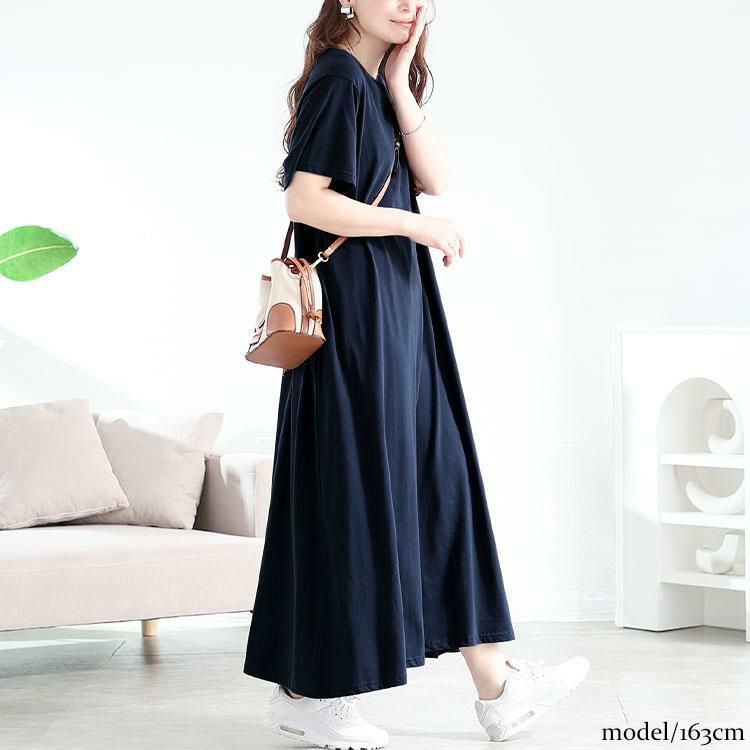 大きいサイズ レディース ラウンドネックコットンフレアワンピース　kt-4408 ネイビー