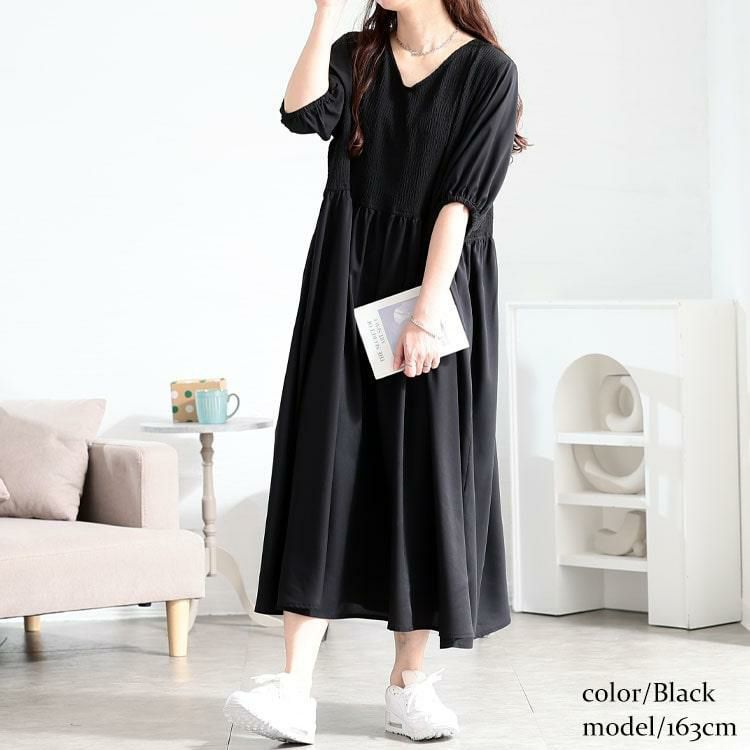 大きいサイズ レディース 異素材ドッキングワンピース　fem-586 ブラック