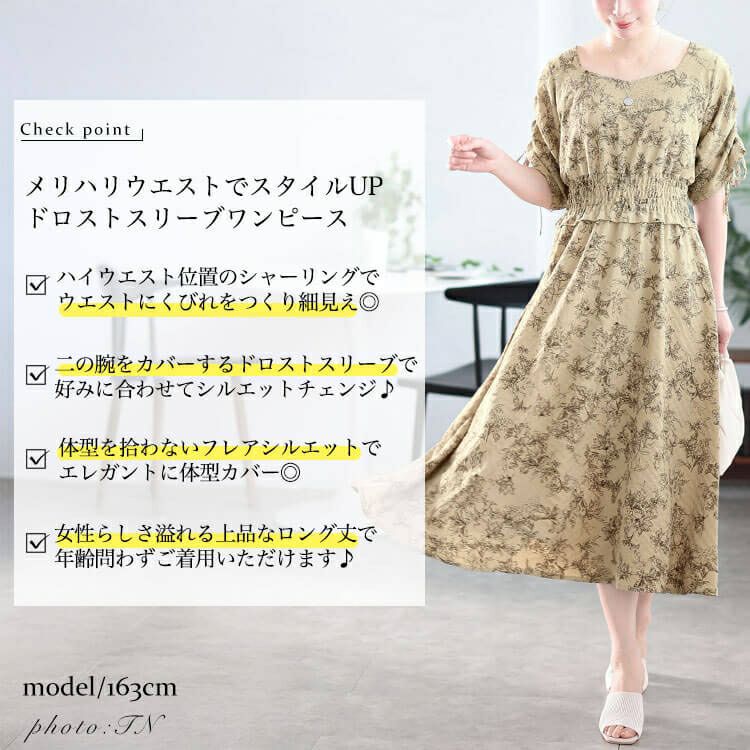 大きいサイズ レディース 花柄ハートネックドロストスリーブワンピース　fem-580