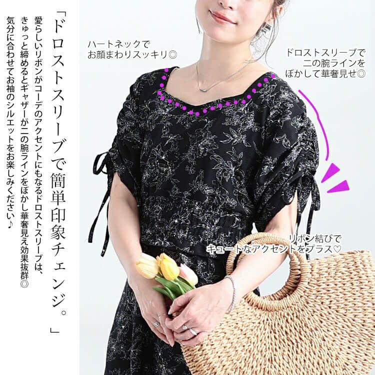 大きいサイズ レディース 花柄ハートネックドロストスリーブワンピース　fem-580