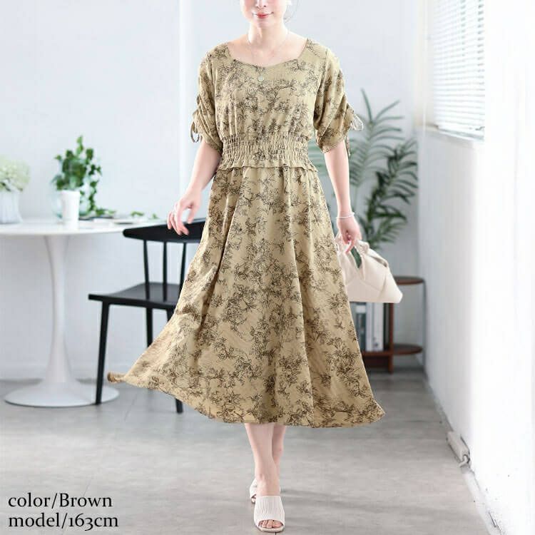 大きいサイズ レディース 花柄ハートネックドロストスリーブワンピース　fem-580