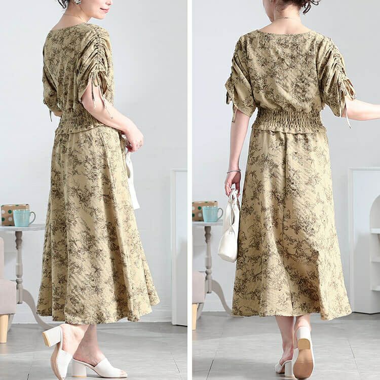 大きいサイズ レディース 花柄ハートネックドロストスリーブワンピース　fem-580