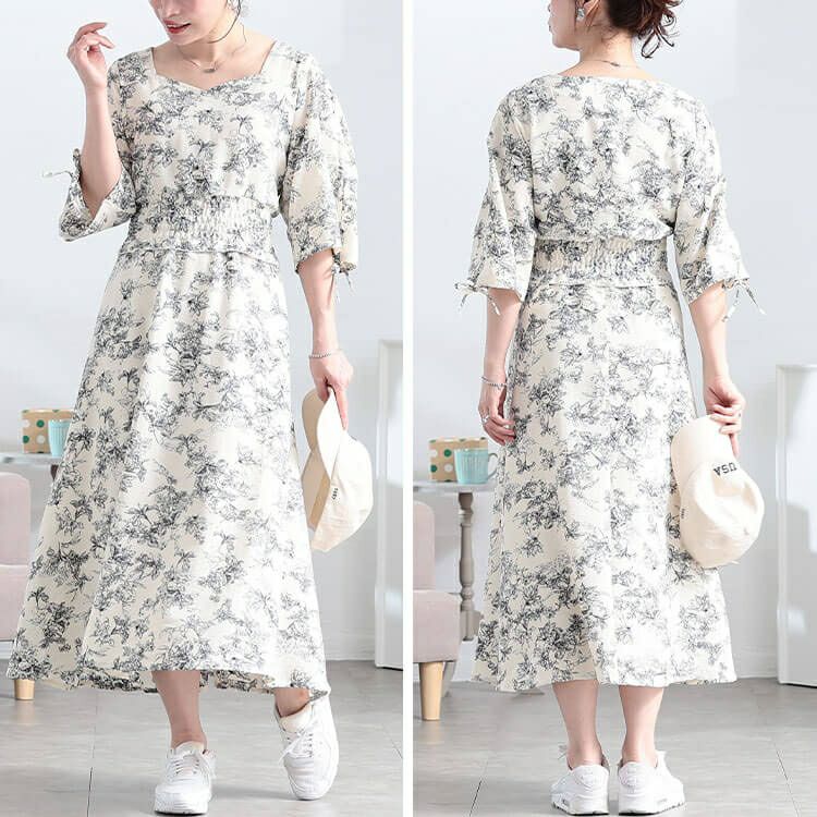 大きいサイズ レディース 花柄ハートネックドロストスリーブワンピース　fem-580