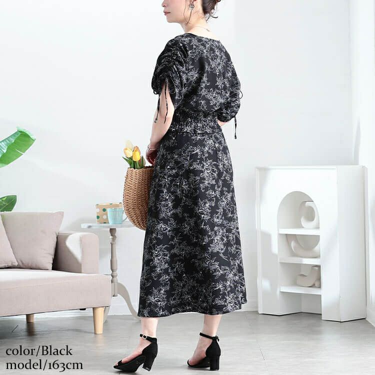 大きいサイズ レディース 花柄ハートネックドロストスリーブワンピース　fem-580