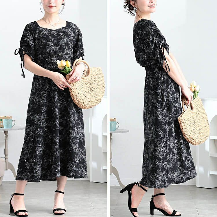 大きいサイズ レディース 花柄ハートネックドロストスリーブワンピース　fem-580