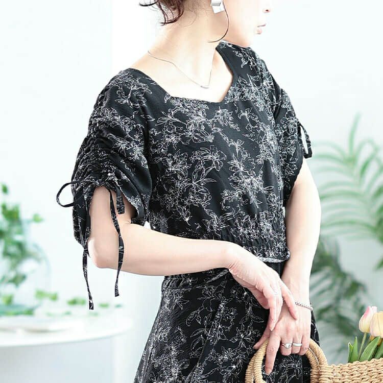 大きいサイズ レディース 花柄ハートネックドロストスリーブワンピース　fem-580