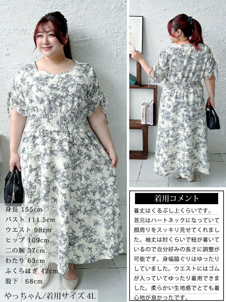 大きいサイズ レディース 花柄ハートネックドロストスリーブワンピース　fem-580