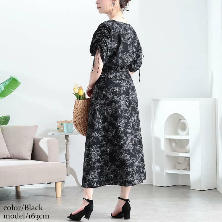 大きいサイズ レディース 花柄ハートネックドロストスリーブワンピース　fem-580 ブラック