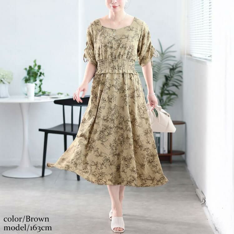 大きいサイズ レディース 花柄ハートネックドロストスリーブワンピース　fem-580 ブラウン