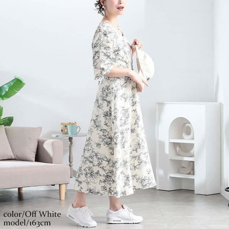 大きいサイズ レディース 花柄ハートネックドロストスリーブワンピース　fem-580 オフホワイト