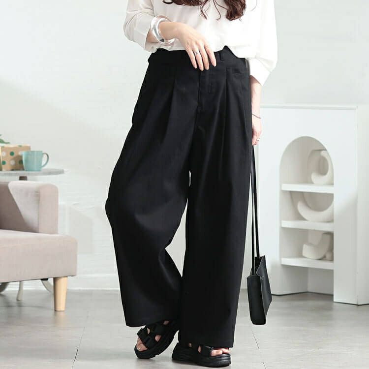 大きいサイズ レディース ストレッチツイルタックセミワイドパンツ　fem-555