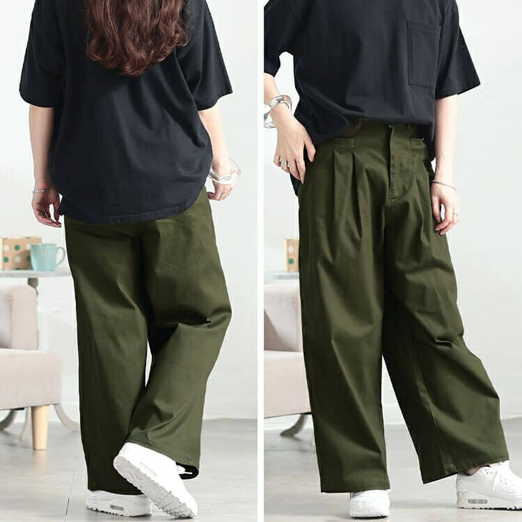 大きいサイズ レディース ストレッチツイルタックセミワイドパンツ　fem-555