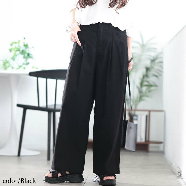 大きいサイズ レディース ストレッチツイルタックセミワイドパンツ　fem-555 ブラック