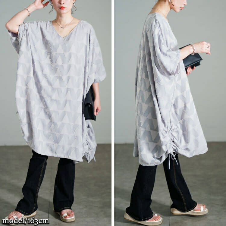 大きいサイズ レディース 幾何学柄ドロストBOXチュニック　maru-30184