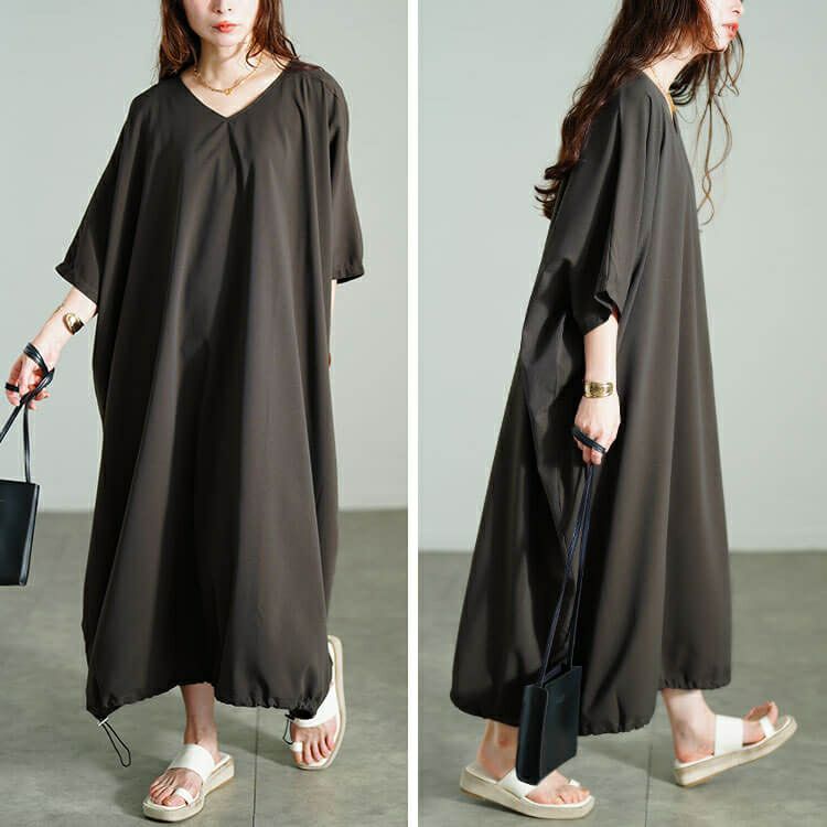 大きいサイズ レディース 楊柳Vネック裾ドロストドルマンワンピース　maru-30182 【メール便可】