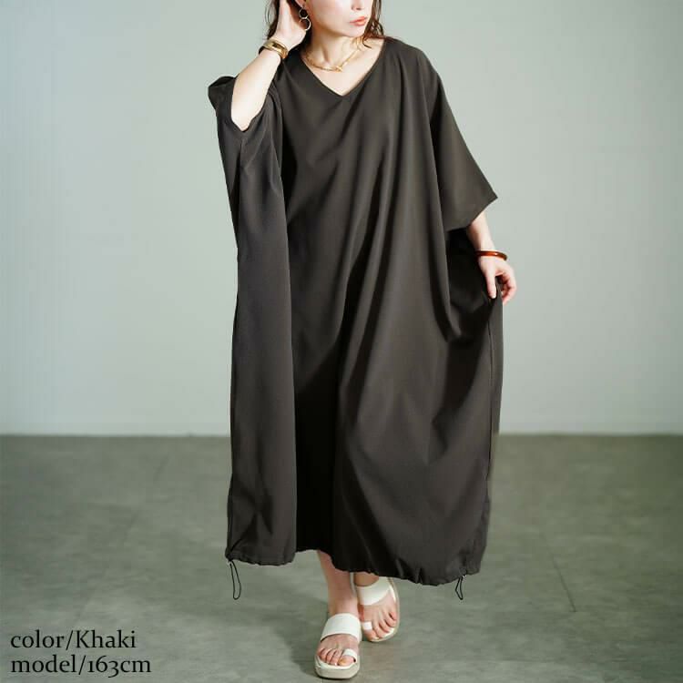 大きいサイズ レディース 楊柳Vネック裾ドロストドルマンワンピース　maru-30182 【メール便可】 カーキ