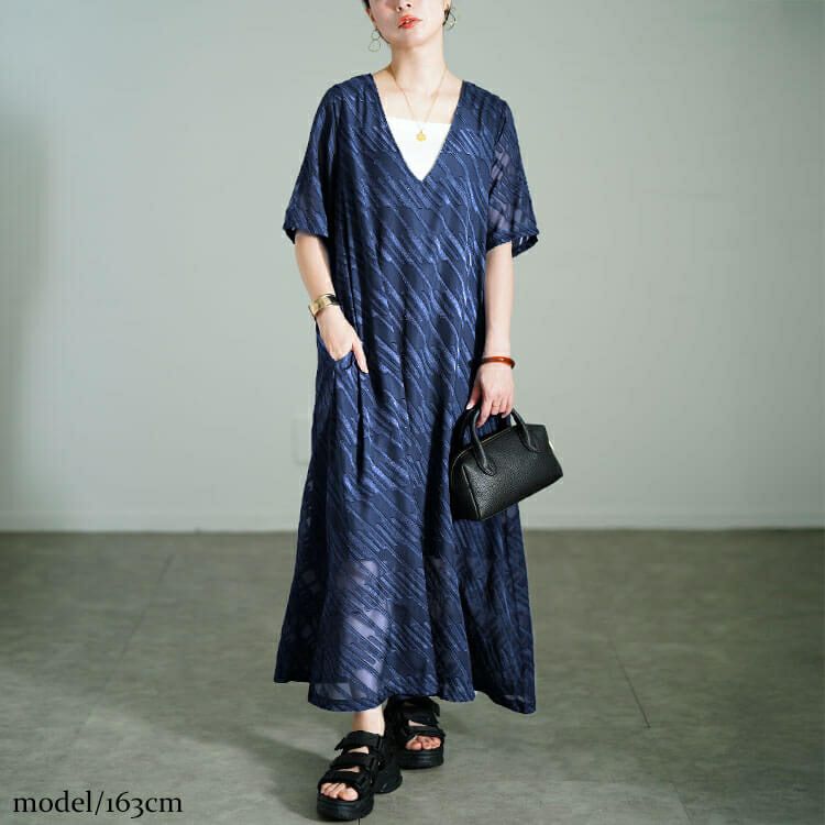 大きいサイズ レディース スラッシュシフォンジャガードワンピース　maru-30181 【メール便可】