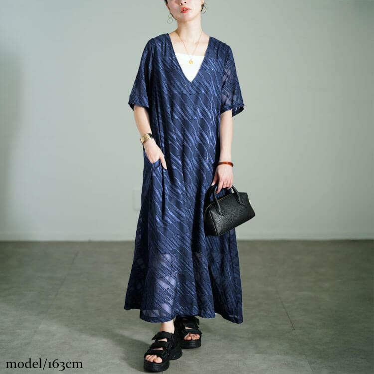 大きいサイズ レディース スラッシュシフォンジャガードワンピース　maru-30181 【メール便可】 ネイビー
