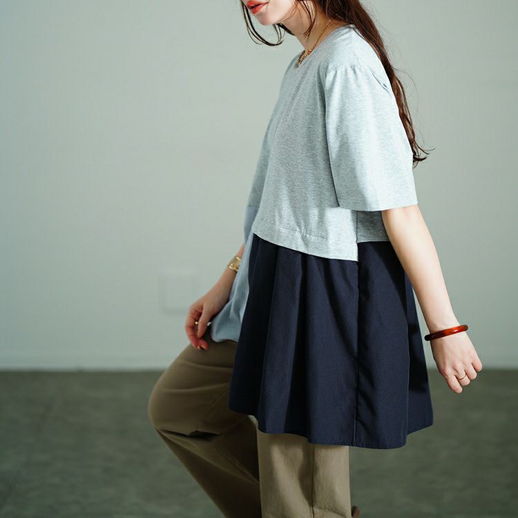 大きいサイズ レディース アシメ異素材切り替えチュニックTシャツ　tog-1033 【メール便可】