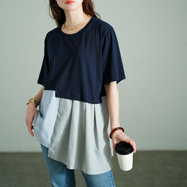 大きいサイズ レディース アシメ異素材切り替えチュニックTシャツ　tog-1033 【メール便可】