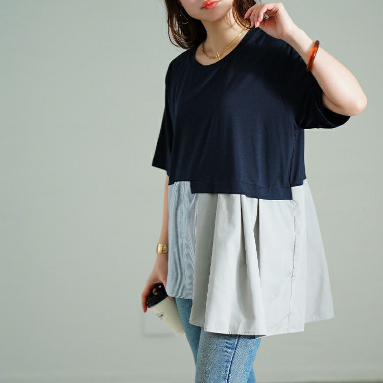 大きいサイズ レディース アシメ異素材切り替えチュニックTシャツ　tog-1033 【メール便可】