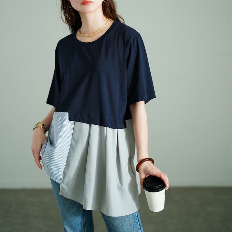 大きいサイズ レディース アシメ異素材切り替えチュニックTシャツ　tog-1033 【メール便可】 ネイビー