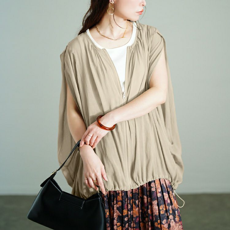 大きいサイズ レディース 裾ドロストノースリーブZIPベスト　tog-1037 【メール便可】