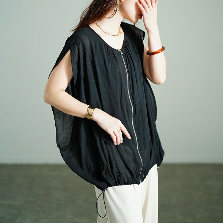 大きいサイズ レディース 裾ドロストノースリーブZIPベスト　tog-1037 【メール便可】