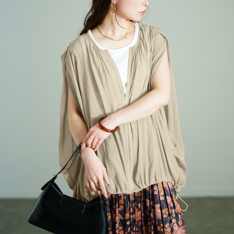 大きいサイズ レディース 裾ドロストノースリーブZIPベスト　tog-1037 【メール便可】 ベージュ