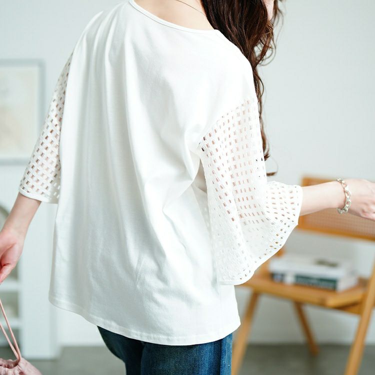 大きいサイズ レディース 格子レースフレアスリーブカットソー　tog-1034 【メール便可】