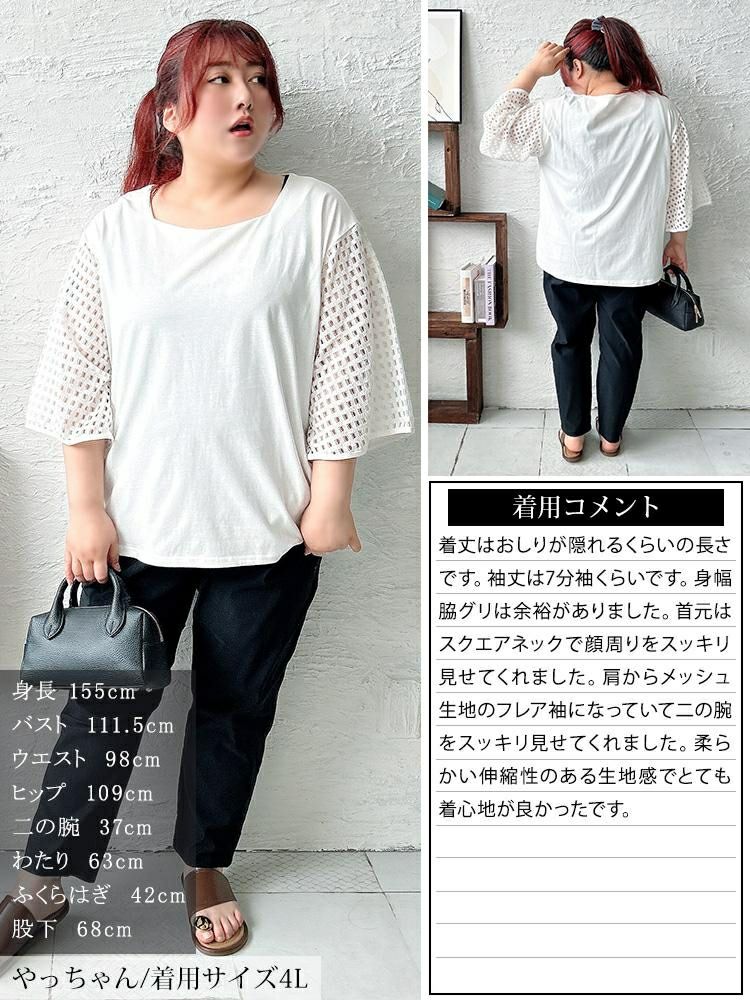 大きいサイズ レディース 格子レースフレアスリーブカットソー　tog-1034 【メール便可】