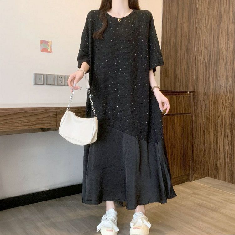 大きいサイズ レディース ラインストーンドット異素材ワンピース　goldy-1698