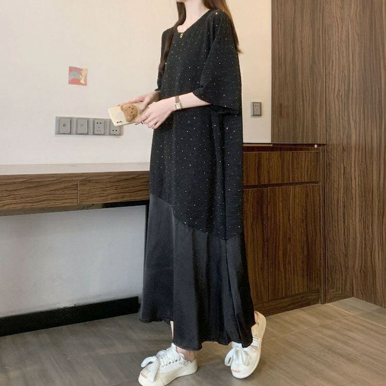 大きいサイズ レディース ラインストーンドット異素材ワンピース　goldy-1698