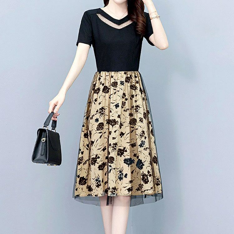 大きいサイズ レディース チュール重ね花柄ドッキングワンピース　goldy-1697【メール便可】