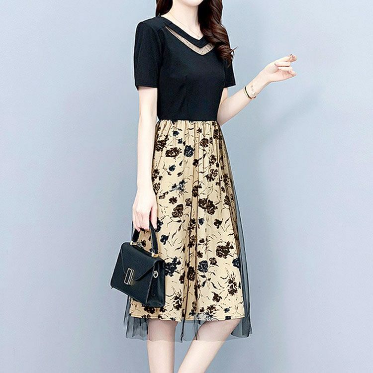 大きいサイズ レディース チュール重ね花柄ドッキングワンピース　goldy-1697【メール便可】