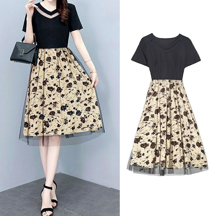 大きいサイズ レディース チュール重ね花柄ドッキングワンピース　goldy-1697【メール便可】