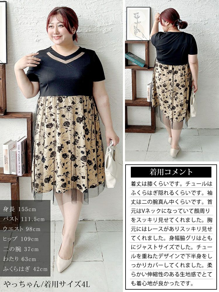 大きいサイズ レディース チュール重ね花柄ドッキングワンピース　goldy-1697【メール便可】