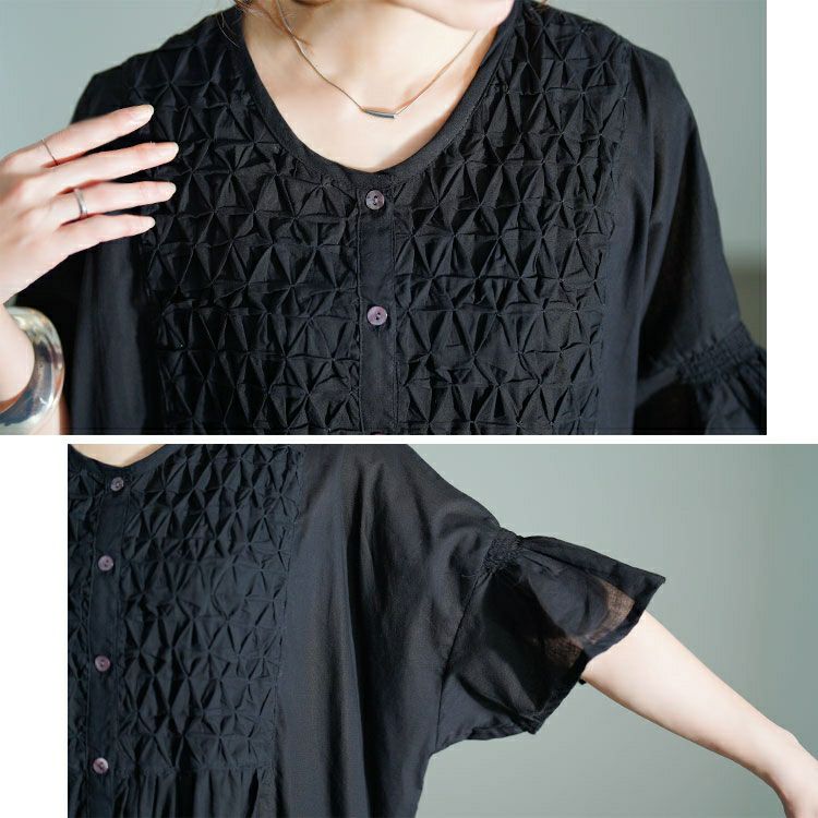 大きいサイズ レディース スモッキング刺繍ロングシャツワンピース　kt-25mi4