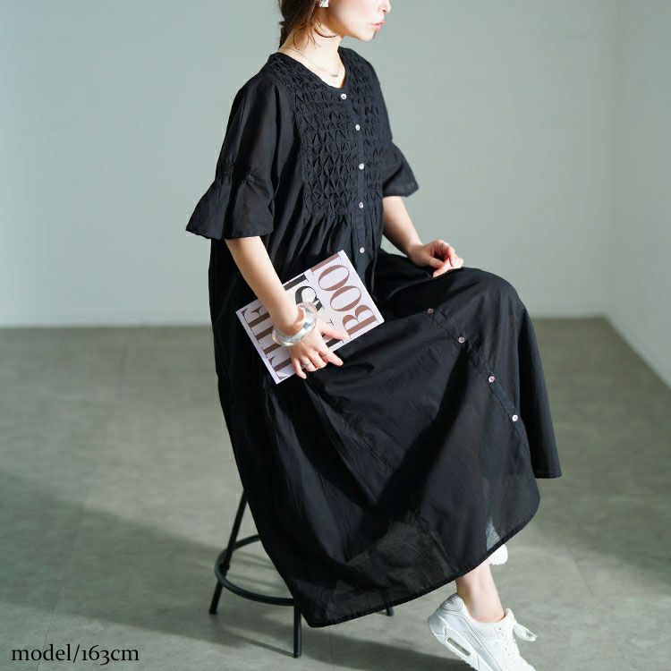 大きいサイズ レディース スモッキング刺繍ロングシャツワンピース　kt-25mi4