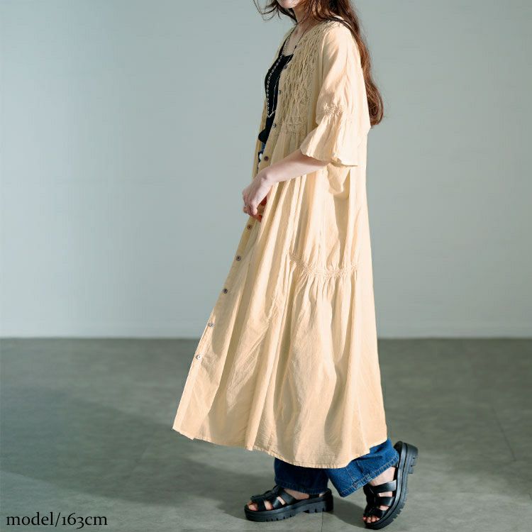 大きいサイズ レディース スモッキング刺繍ロングシャツワンピース　kt-25mi4