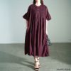 大きいサイズ レディース スモッキング刺繍ロングシャツワンピース　kt-25mi4 パープル
